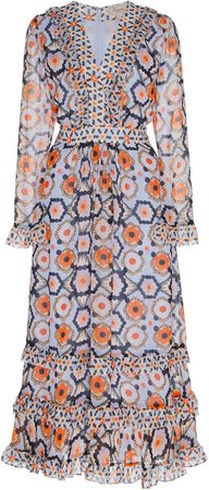 Temperley London Ruffled Printed Silk Midi Dress Size: 6