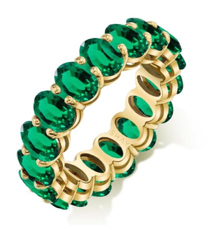 Yellow Gold , Green emerald stones ring band