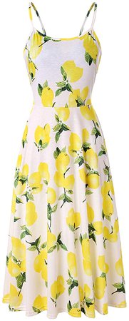 PIZOFF Women's Lemon Dress Sleeveless Adjustable Strappy Summer Floral Flared Swing Midi Dress AM071-11-S at Amazon Women’s Clothing store