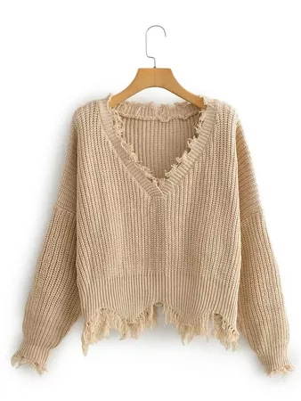 Solid Fringe Trim Sweater | SHEIN USA camel
