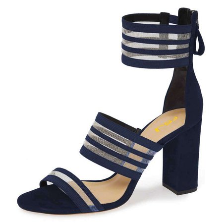 Navy Mesh Ankle Strap Chunky Heel Sandals for Date, Going out | FSJ