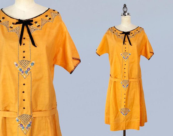 1920s Dress / 20s Orange Embroidered Cotton Day Dress / L | Etsy