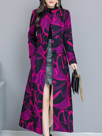 Rose Shift Casual Long Sleeve Printed Stand Collar Coat - StyleWe.com