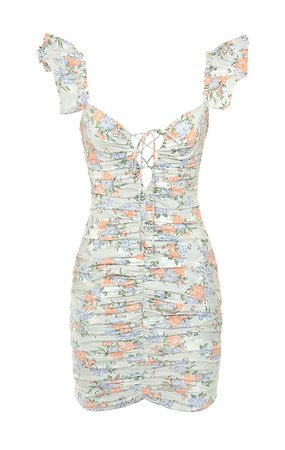 Clothing : Bodycon Dresses : 'Kara' Floral Ruched Cotton Ruffle Dress