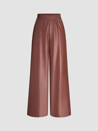 Faux Leather High Waist Ruched Wide Leg Trousers - Cider