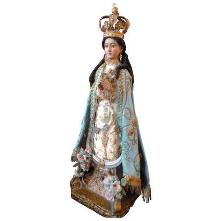 Magnificent 19th C. Spanish carved wood polychrome Santos Madonna doll : French faded-grandeur | Ruby Lane