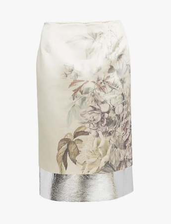 cream and silver rose print midi skirt