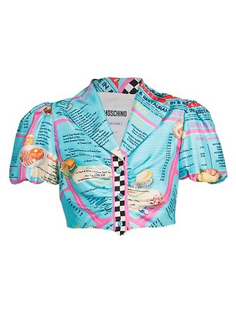 Moschino Diner-Print Cropped Silk Blouse