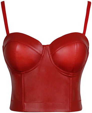 *clipped by @luci-her* Charmian Women's Spaghetti Straps Push Up Faux Leather Bustier Crop Top Bra Red X-Large: Clothing