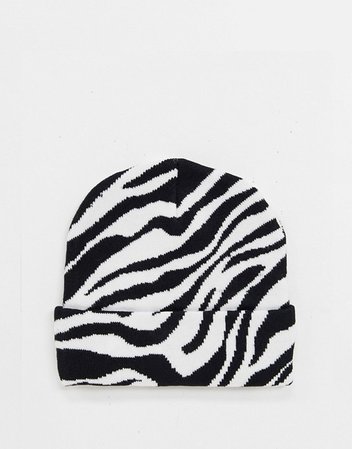 My Accessories London Exclusive knitted beanie hat in zebra print | ASOS