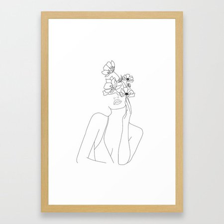 Minimal Line Art Woman with Flowers Framed Art Print by nadja1 | Society6