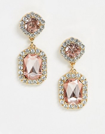 ASOS DESIGN earrings with peach pink double jewel drop in gold tone | ASOS
