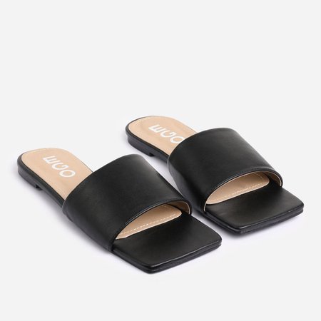 Covergirl Square Toe Flat Slider Sandal In Black Faux Leather | EGO