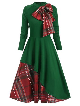Plus Size Christmas Detachable Bowknot Plaid Dress | Red Side Bow