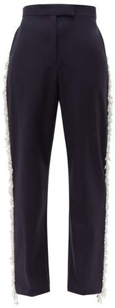 Faux Pearl Embellish Tailored Wool Trousers - Womens - Navy