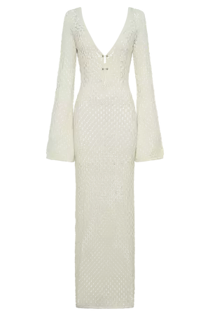 Kayleigh Crochet Fishtail Flare Sleeve Dress - White - MESHKI