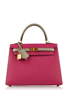 Rare & Unique Hermès Bicolor Special Order 25cm Rose Pourpre and Gris Mouette Epsom Kelly