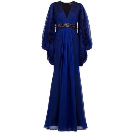 Royal Blue V-Neck Pleated Sleeves Evening Gown