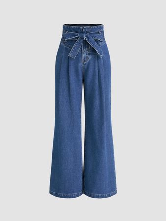 High Waist Solid Bowknot Wide Leg Jeans - Cider