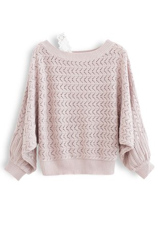 One-Shoulder Strap Eyelet Knit Sweater in Dusty Pink - Retro, Indie and Unique Fashion