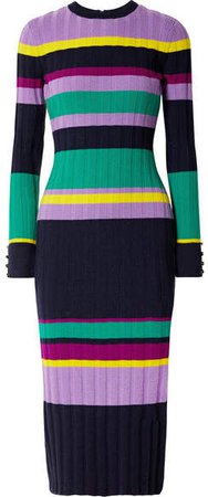 Color-block Ribbed Wool-blend Midi Dress - Navy