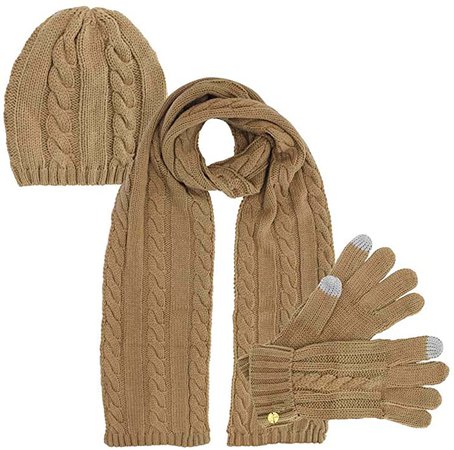 Beige 3 Piece Beanie Hat Texting Gloves & Matching Scarf Set at Amazon Women’s Clothing store