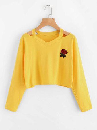 Cut Out Neck Rose Patch TeeFor Women-romwe