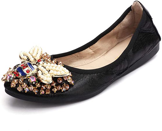 Amazon.com | Stylein Womens Foldable Rhinestone Flats Ballet Bling Slip On Loafers Black | Flats