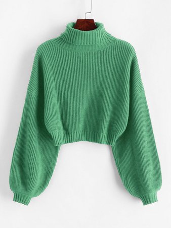 [33% OFF] 2020 ZAFUL Turtleneck Lantern Sleeve Cropped Sweater In DARK SEA GREEN | ZAFUL
