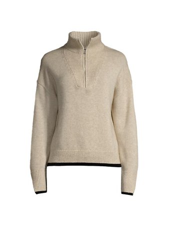 Shop White + Warren Wool-Cashmere Tipped Zip Sweater | Saks Fifth Avenue