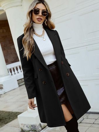 SHEIN Privé Double Breasted Lapel Collar Overcoat | SHEIN