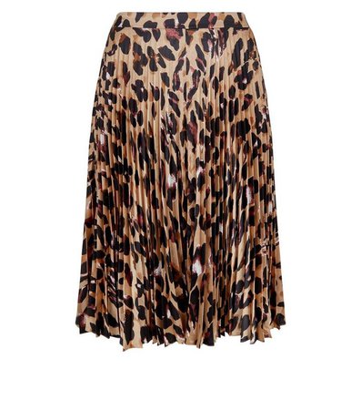 Curves Brown Leopard Print Pleated Satin Midi Skirt | New Look