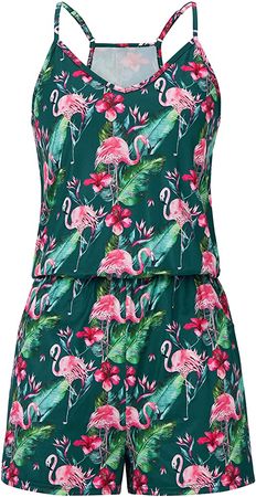 Amazon.com: RAISEVERN Womens Romper Summer Casual Cute Short Jumpsuit Hawaiian Tropical Leaves Pink Flamingo Print Adjustable Spaghetti Straps Loose V Neck Sleeveless Green Sexy Cami Rompers with Pockets : Clothing, Shoes & Jewelry