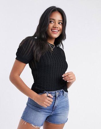River Island textured puff sleeve t-shirt in black | ASOS