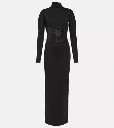 Leather Trimmed Jersey Maxi Dress in Black - Alaia | Mytheresa