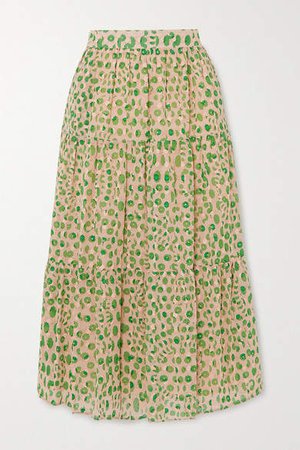 Basilic Tiered Floral-print Cotton Midi Skirt - Green