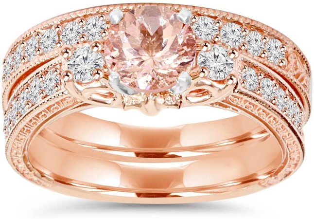 Amazon.com: 1 1/2CT Vintage Diamond & Morganite Engagement Wedding Ring Set 14K Rose Gold: Jewelry