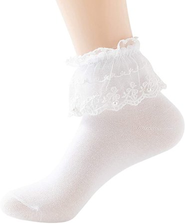 YASIDI Women Ankle Socks, Pearl Lace Ruffle Frilly Cotton Socks Princess Socks Lace Socks Cute Socks (1 Pairs, White) at Amazon Women’s Clothing store