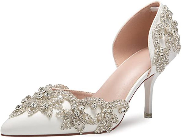 Amazon.com | Women's Stiletto High Heel Dress Pumps Pointy Toe Bridal Wedding Evening Party Shoes with Rhinestone, 3.15" Heel White | Pumps