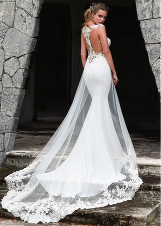 Buy discount Fashionable Tulle & Acetate Satin Jewel Neckline Mermaid Wedding Dress With Beaded Lace Appliques & Detachable Train at magbridal.com