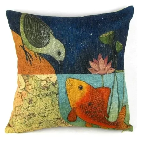Shop Vintage Home Decor Cotton Linen Throw Pillow Cover Bird And Fish - Blue/Orange - On Sale - Free Shipping On Orders Over $45 - Overstock.com - 18088531