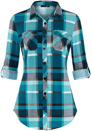 DJT Women’s Roll Up Long Sleeve Collared Button Down Plaid Shirt at Amazon Women’s Clothing store