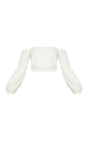 Cream Borg Bardot Long Sleeve Crop Top | Tops | PrettyLittleThing