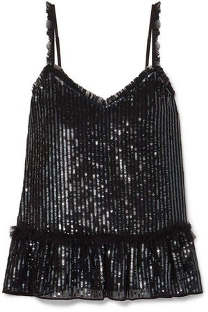 Tulle-trimmed Sequined Chiffon Camisole - Black