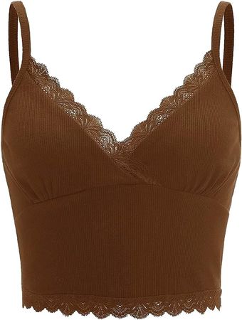 MakeMeChic Women's Y2K Lace Trim V Neck Sleeveless Cami Crop Top Camisole Coffee Brown XS at Amazon Women’s Clothing store