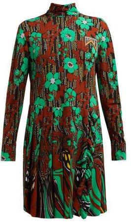 Logo Plaque Floral Print Pleated Dress - Womens - Green Multi