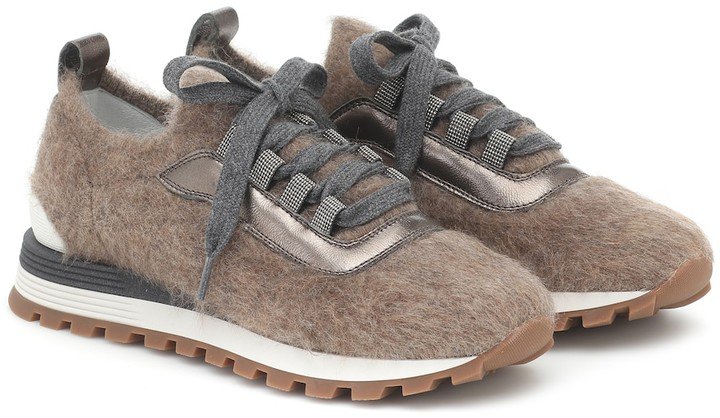 Leather-trimmed mohair sneakers