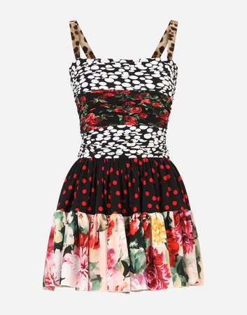 Women's Dresses | Dolce&Gabbana - Short patchwork crepe de chine and charmeuse dress