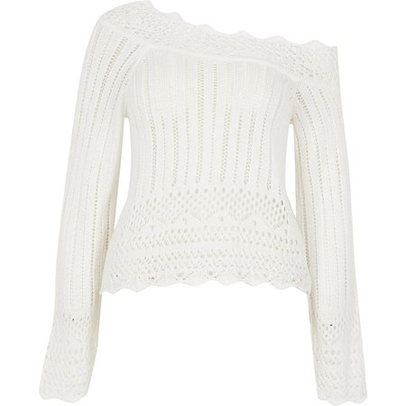 White crochet long sleeve off shoulder jumper | River Island
