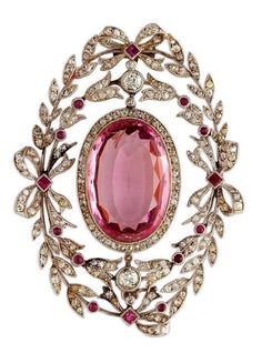Victorian or Edwardian ruby, diamond, pink topaz brooch